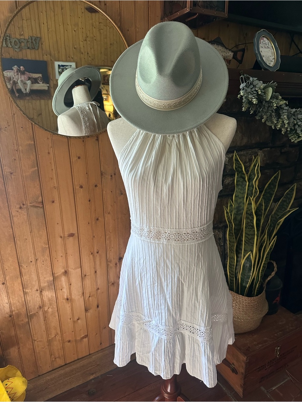 White Halter Lace-Trim Sundress